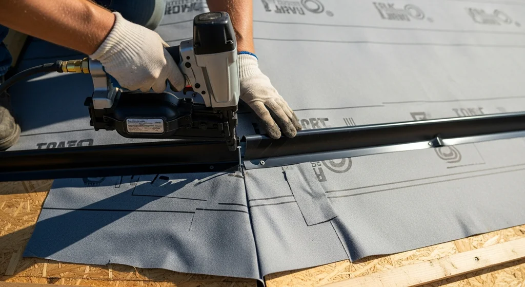 Roofer installing drip edge over underlayment on roof rake