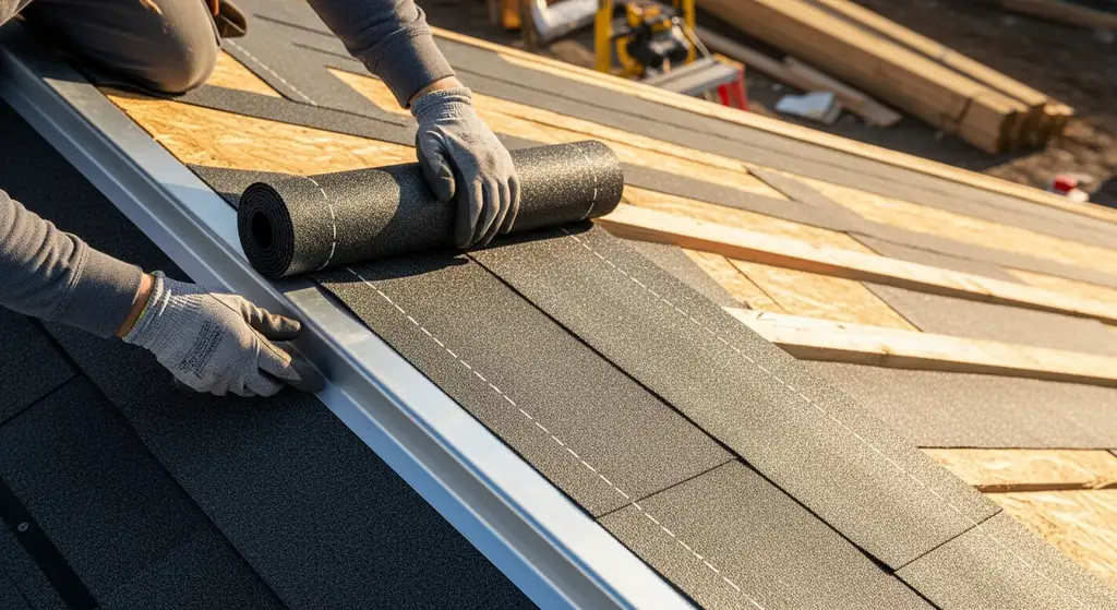 Roofer installing ice and water shield at the eave