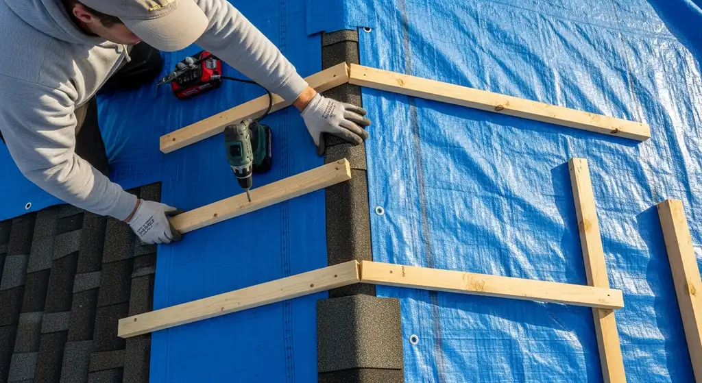 Roofer securing an emergency tarp with wood strips