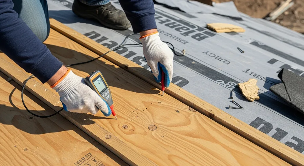 A roofing professional using a digital moisture meter to test the saturation level of roof sheathing.