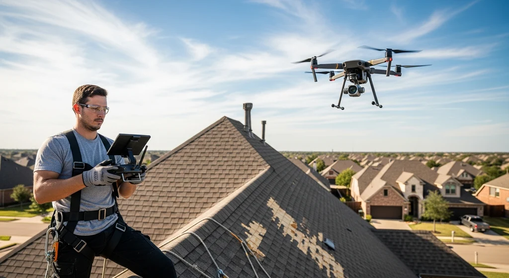 Professional roofing contractor using a drone for roof inspection