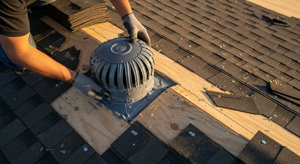 Roofer installing a box vent with proper flashing