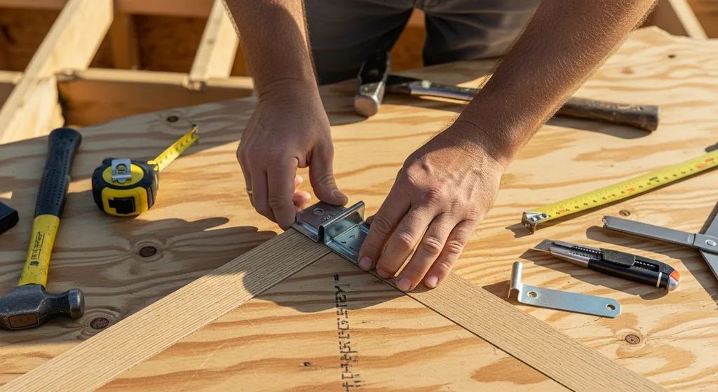 Roofer installing H-clip on plywood decking
