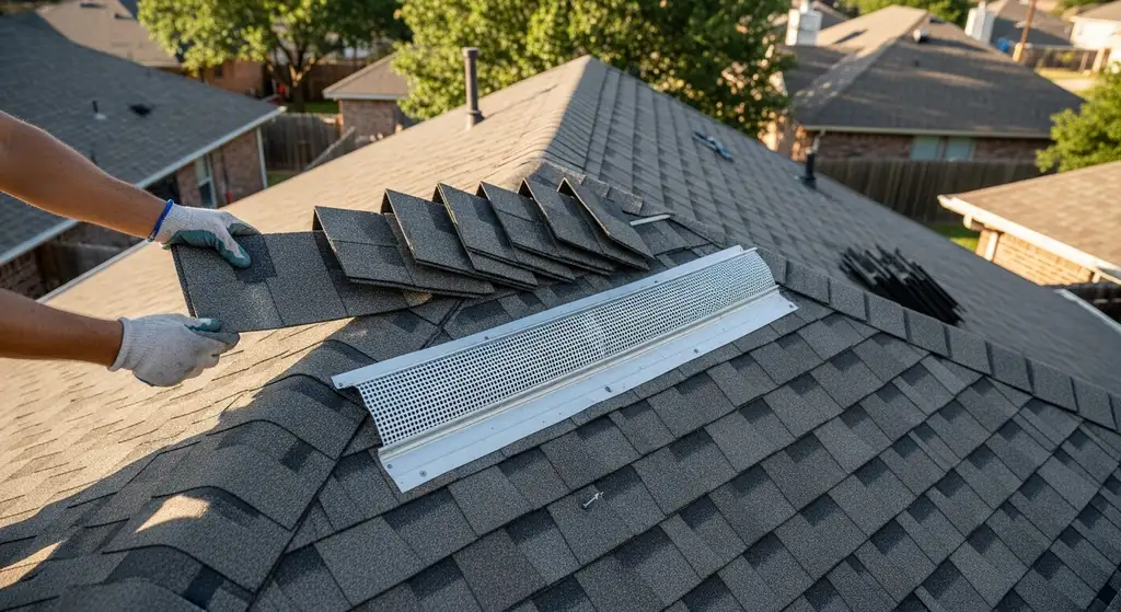 Roofer installing ridge cap shingles over a ridge vent