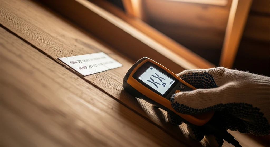 Moisture meter testing roof decking near a penetration
