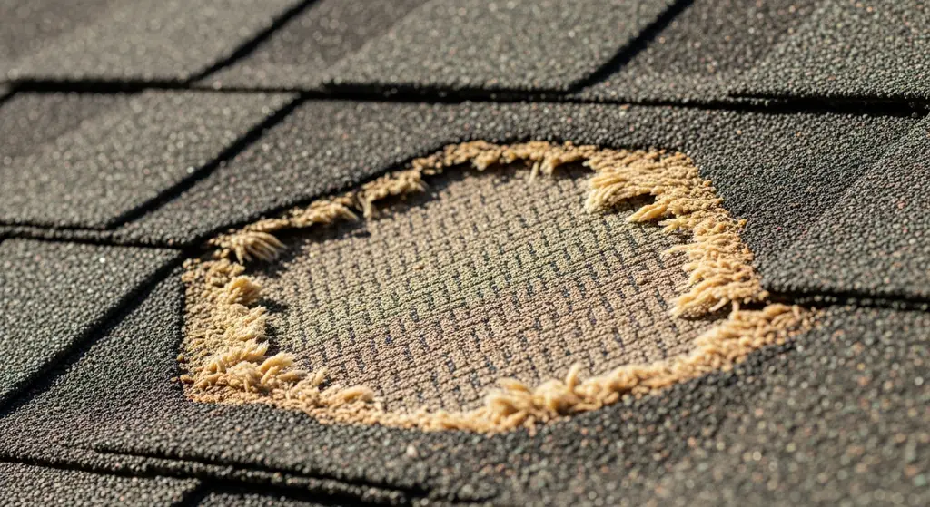 Close-up of a damaged asphalt shingle with bald spots and exposed fiberglass mat