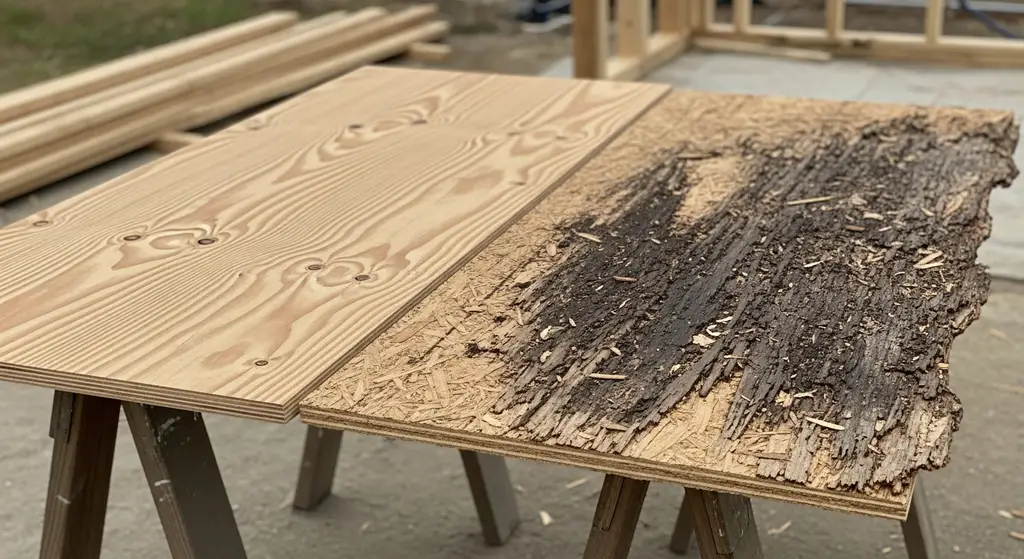 Comparison of new plywood decking versus old water-damaged OSB.