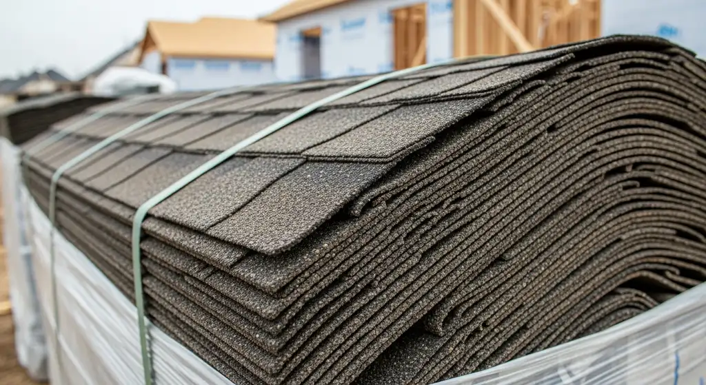 Stacked bundles of architectural shingles on a residential job site
