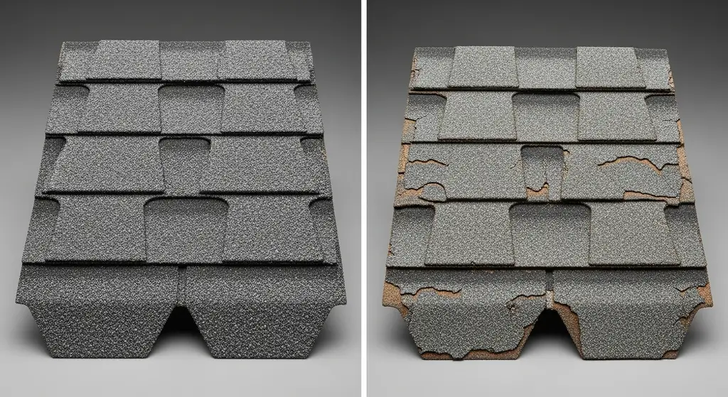Comparison between a new shingle and an old shingle with granular loss