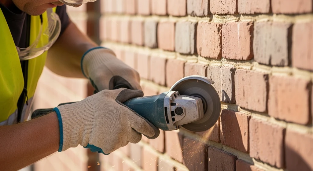 Roofer cutting a reglet into masonry for flashing