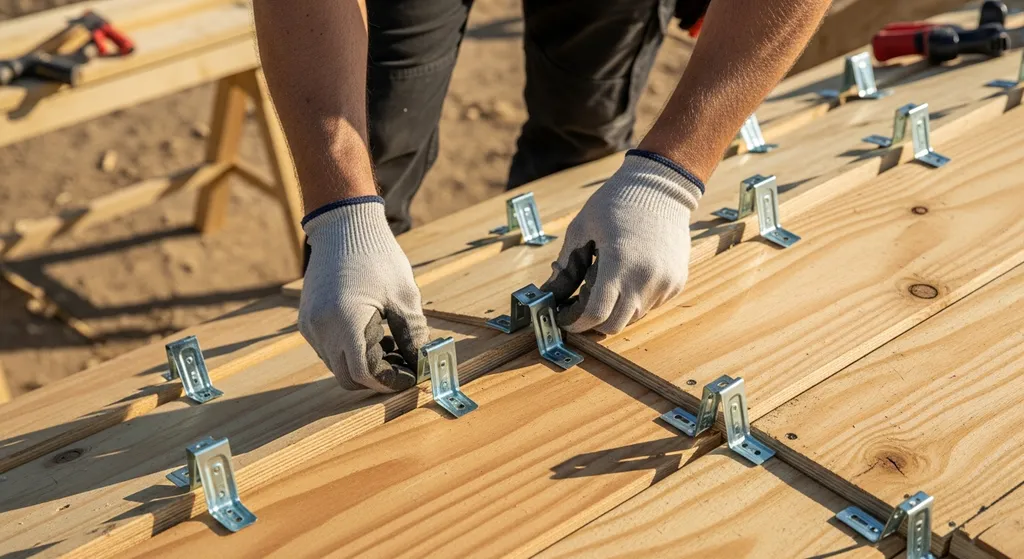 Roofer installing H-clips on roof decking panels