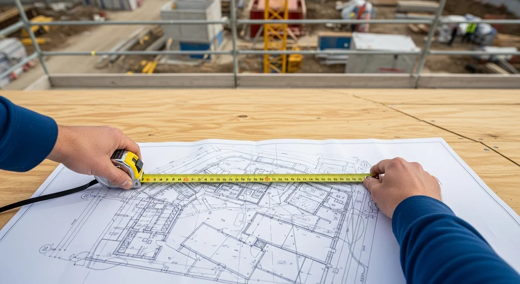 Roofer calculating materials on a construction site
