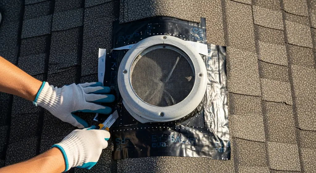 Roofer installing ASTM D1970 membrane around a roof penetration