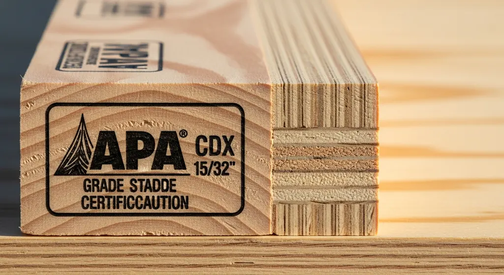 Close-up of APA-rated 15/32-inch plywood decking