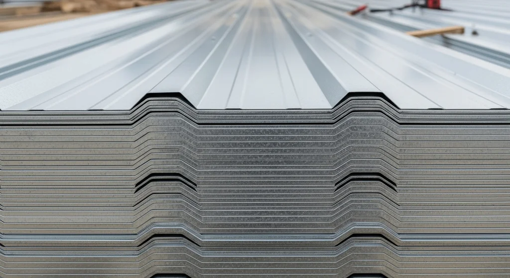 Close-up of Galvalume metal roofing panels showing thickness and texture