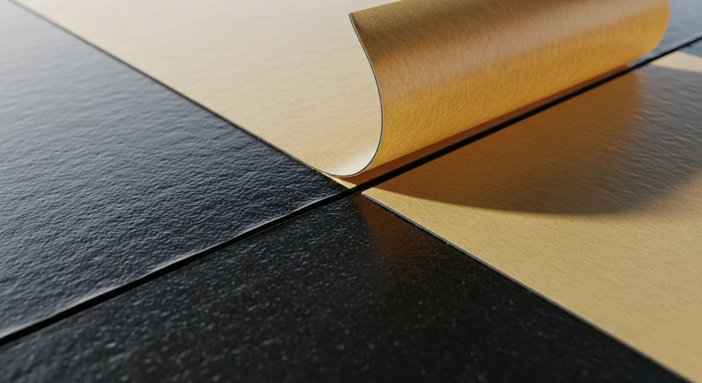 Close-up of self-adhering roof underlayment showing adhesive backing