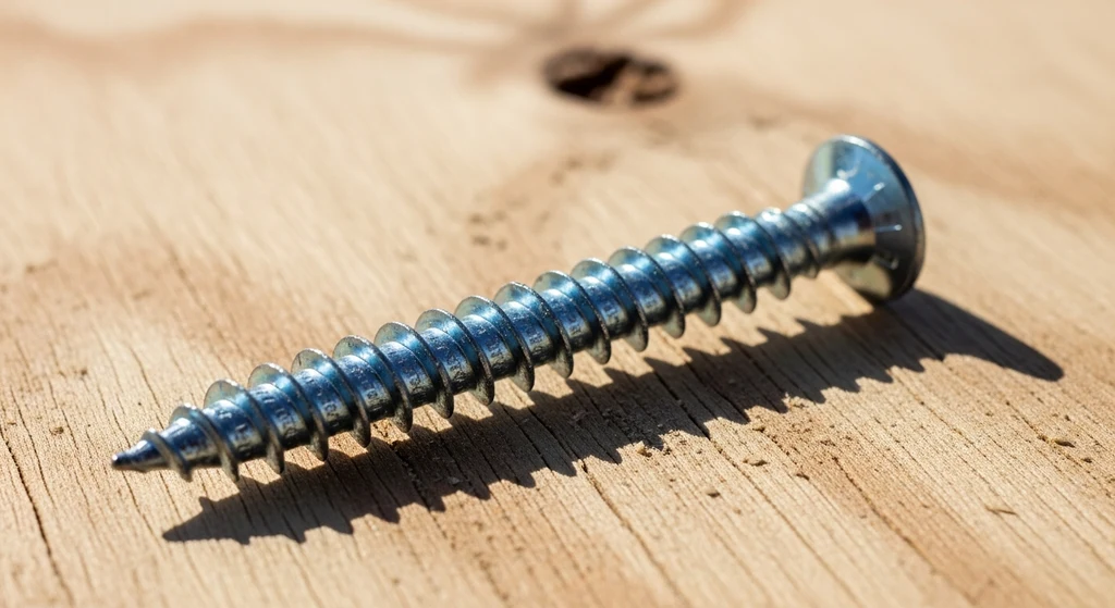Close-up of a galvanized roof decking screw on plywood