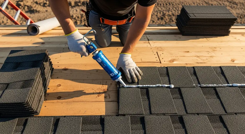 Roofer applying manual sealant to shingles in cold weather