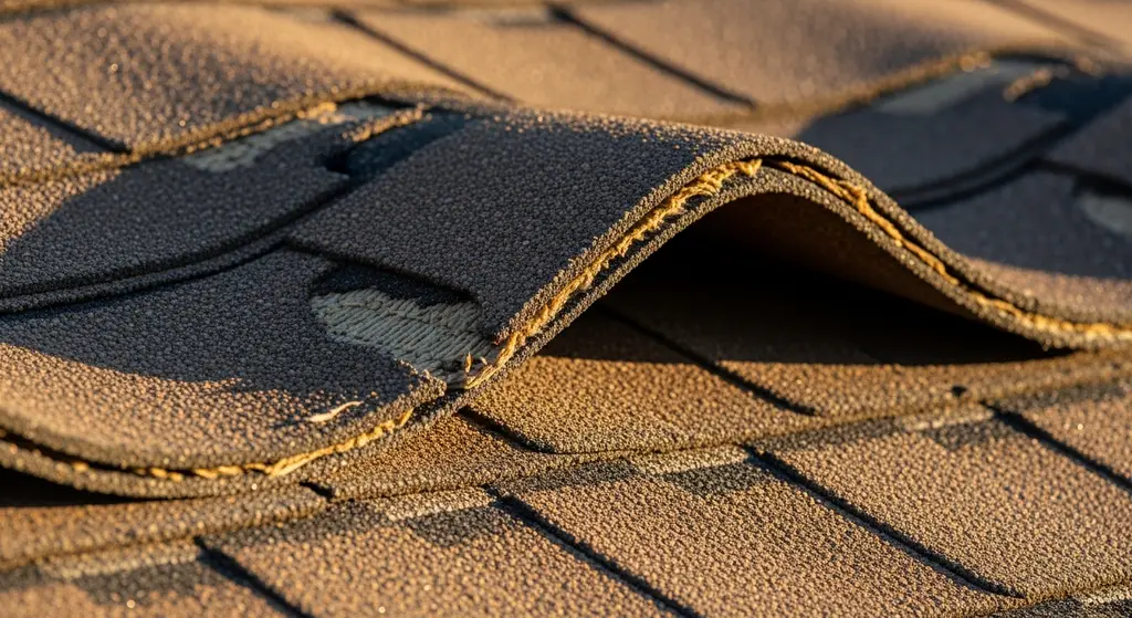 Heat-damaged asphalt shingles with blistering