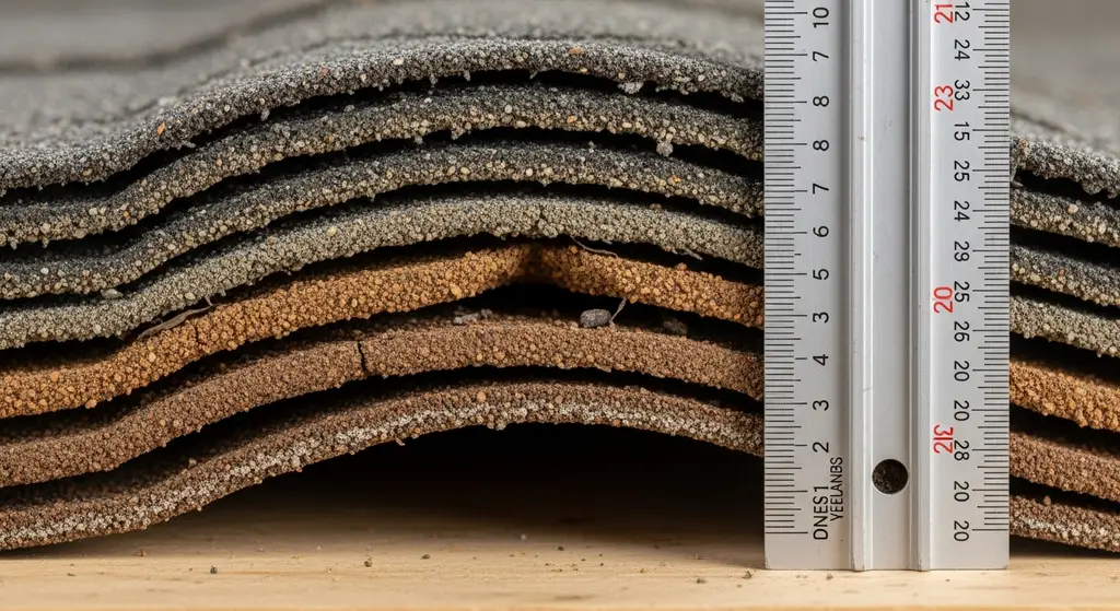 Close-up of asphalt shingle thickness and texture in winter conditions
