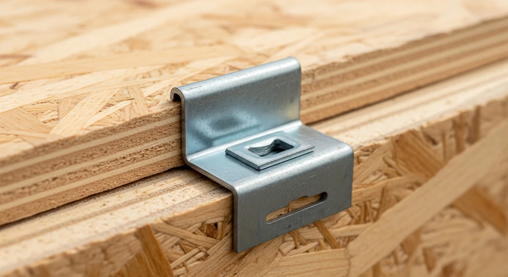 Roof decking H clip installed on OSB panel edge