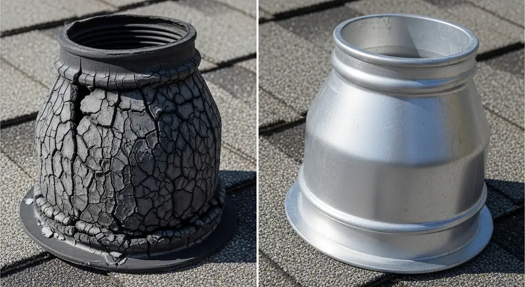 Comparison of old cracked pipe boot vs new lead flashing