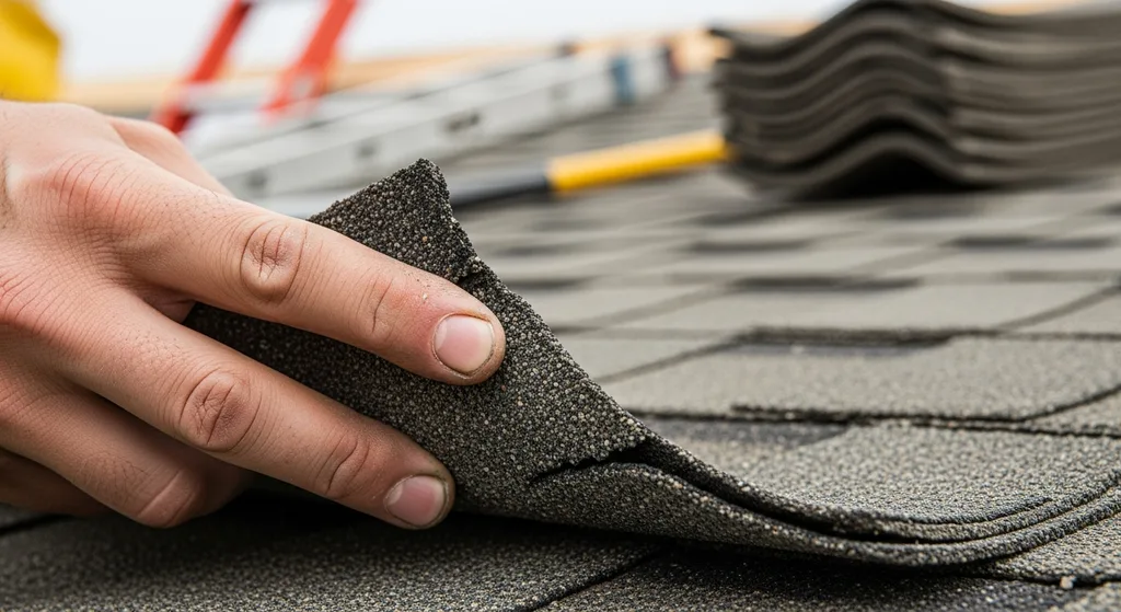 How to Determine Roof Age — Signs & Methods 6 Roofer performing a shingle brittle test