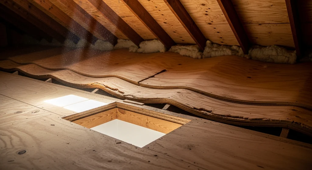Buckled roof decking panels visible from inside an attic