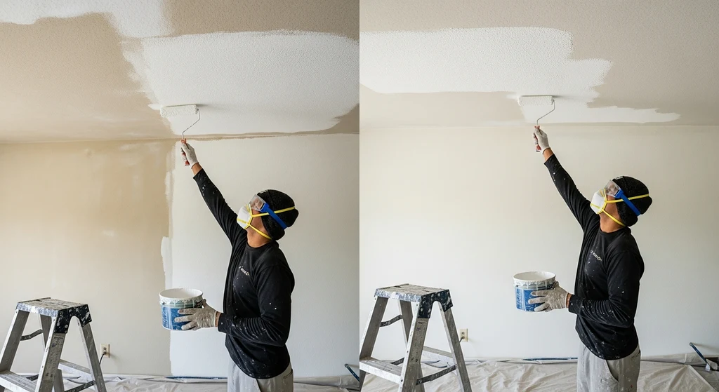 How to Remove Water Stains From Ceiling — Step by Step 5 Applying stain-blocking primer to a ceiling