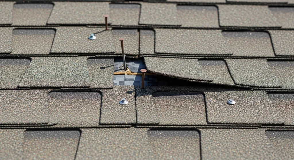 Incorrectly installed roof shingles showing high-nailing errors