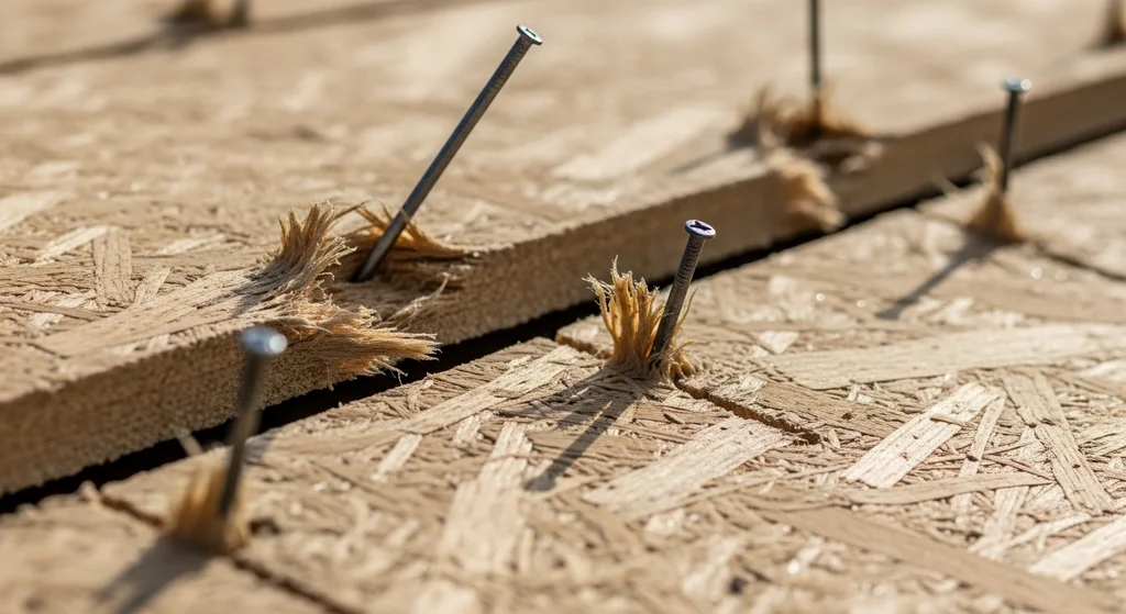 Close-up of damaged OSB decking with swollen edges and loose nails.