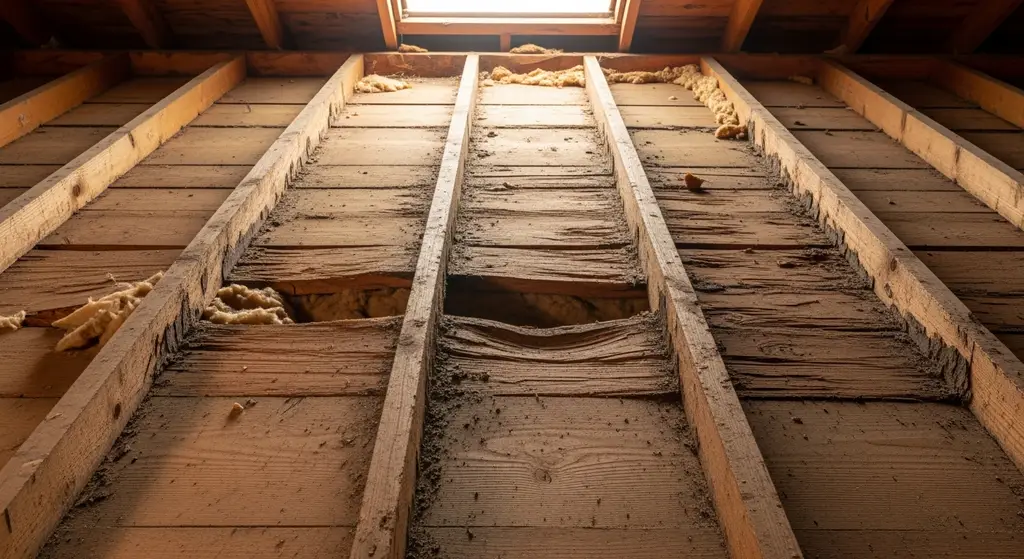 Buckled roof decking panels in an attic