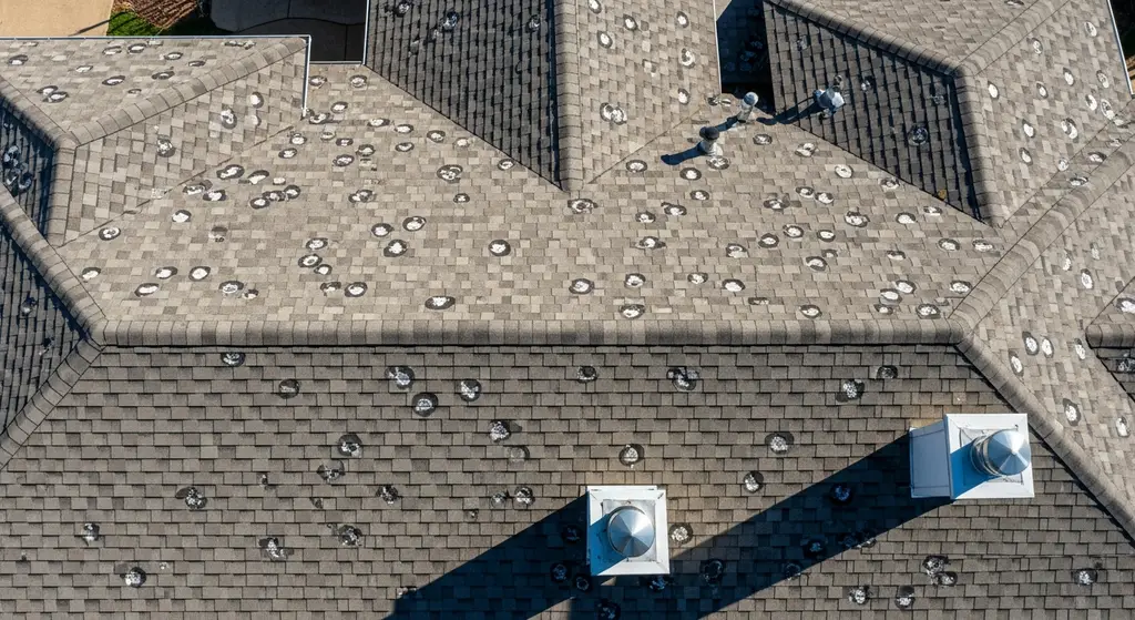Overhead view of hail damage and granular loss on a residential roof