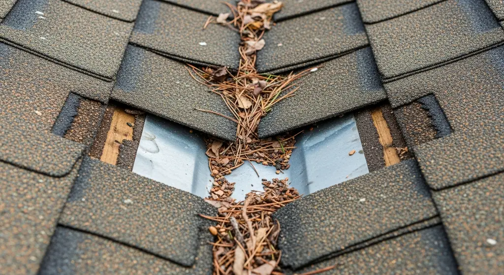 Lifting shingles in a roof valley exposing the metal flashing