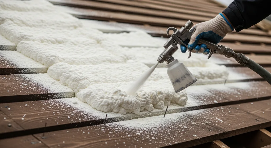 Spray foam insulation expanding on a wooden roof deck