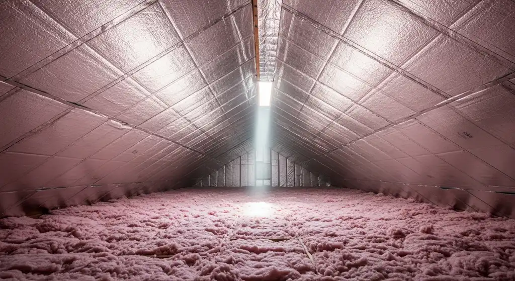 Attic with radiant barrier and thick blown-in insulation
