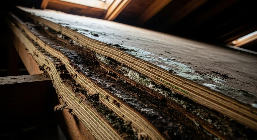 Rotted and delaminated roof plywood in a dark attic