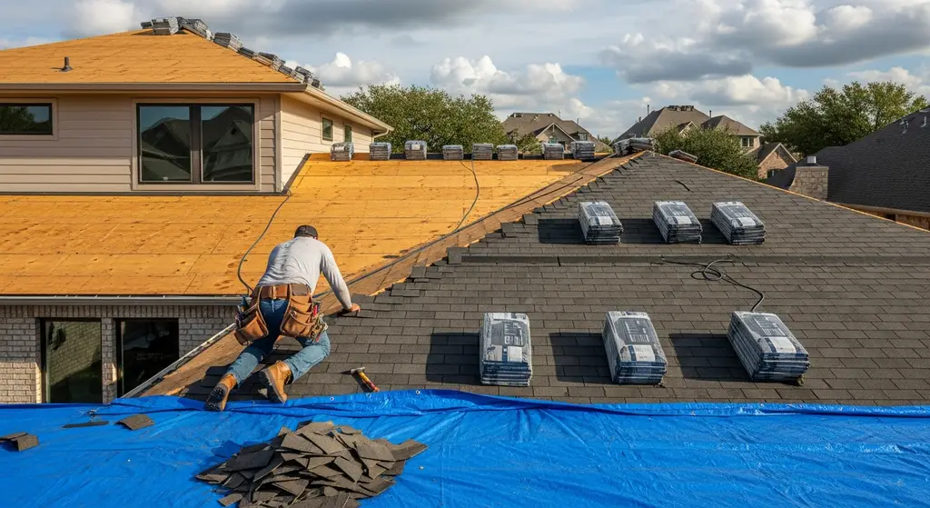 Roofer installing asphalt shingles on a suburban home