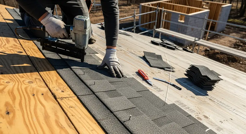 Professional roofer installing new shingles