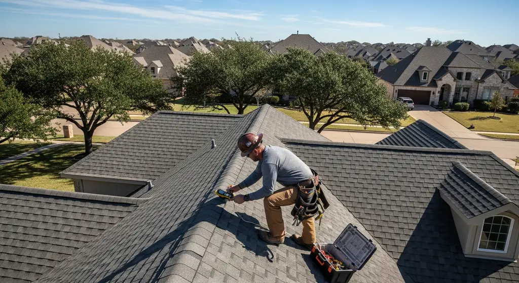 Roofer inspecting a residential roof in Dallas