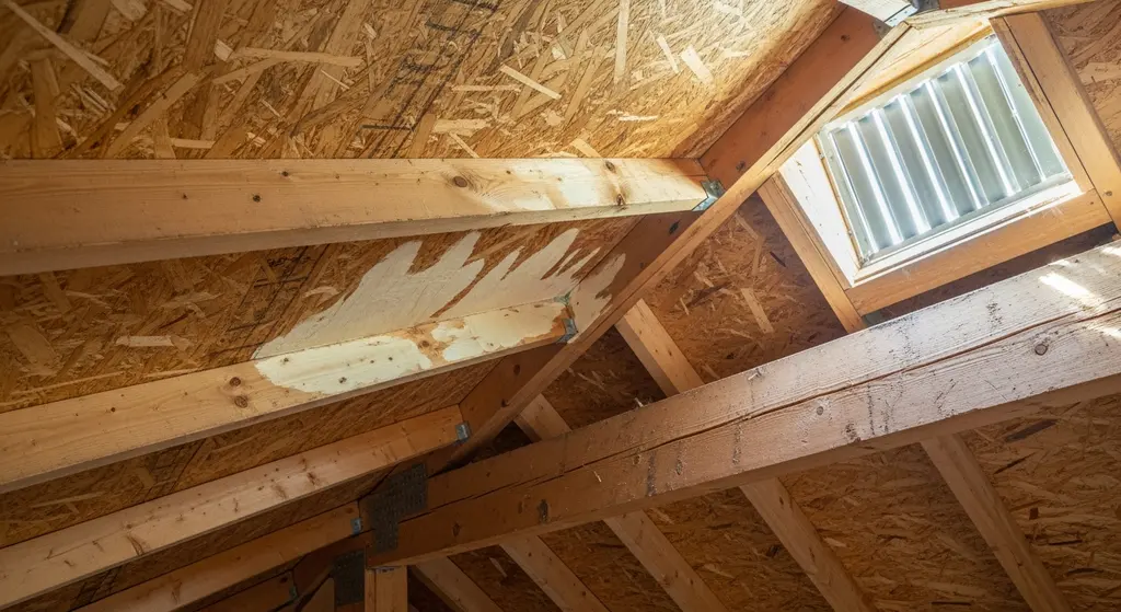 Attic inspection showing water damage to roof decking