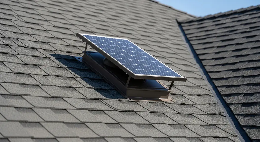 Solar powered roof vent on shingles