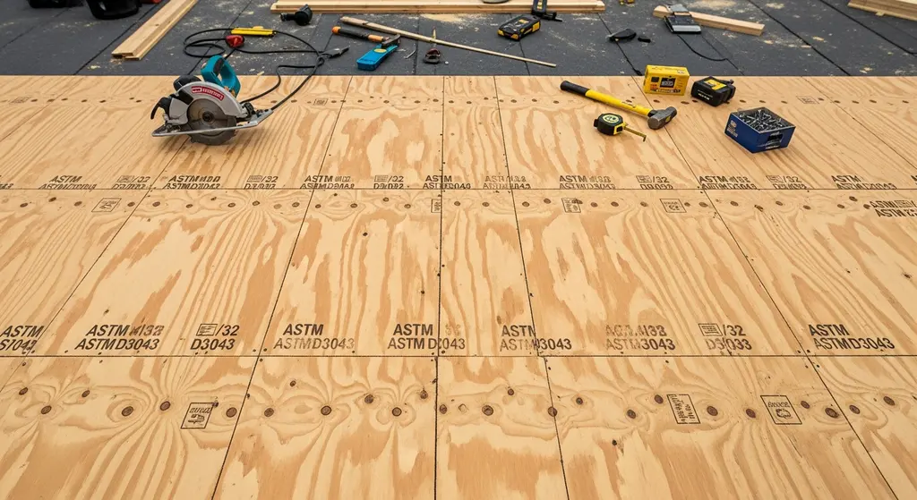 CDX plywood roof decking with ASTM stamps