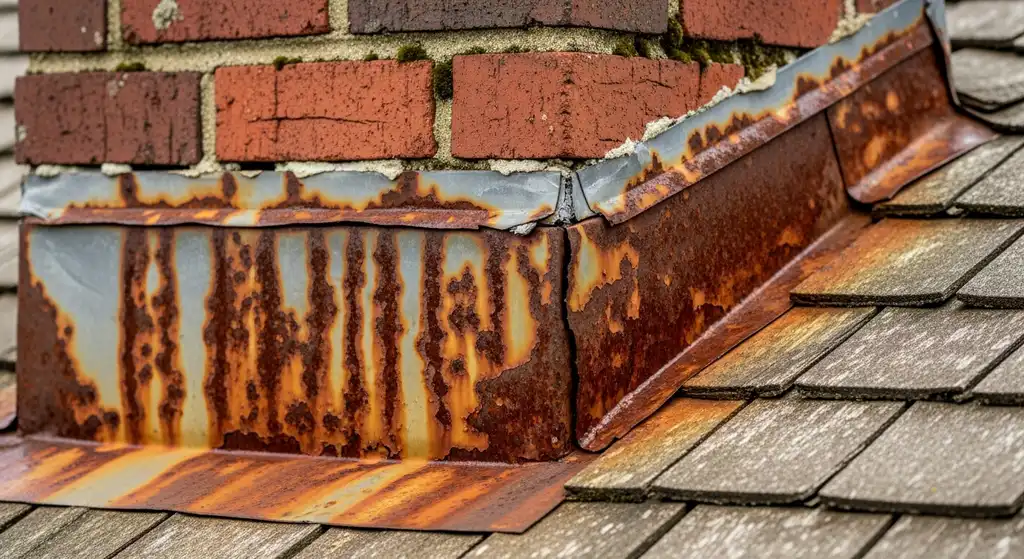 Leaking chimney flashing with rust and sealant failure