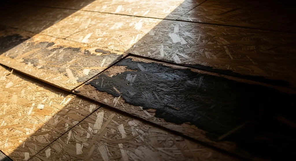 Water damaged roof decking in a dark attic