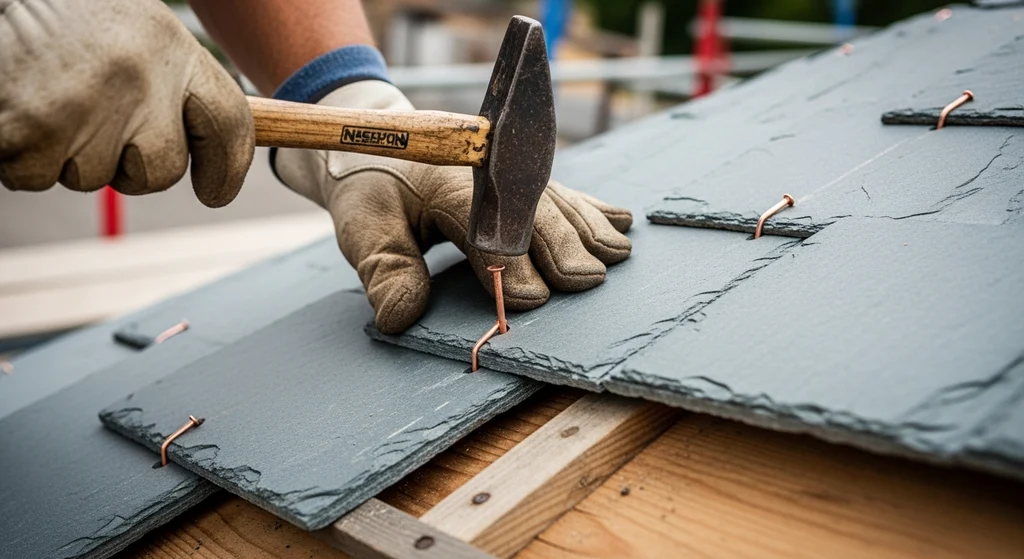 Slate Roofing — Complete Homeowner Guide 4 Installation of slate roofing with copper nails