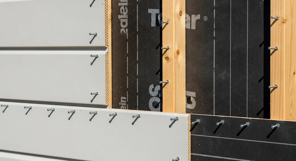 Close-up of siding installation showing house wrap and nails