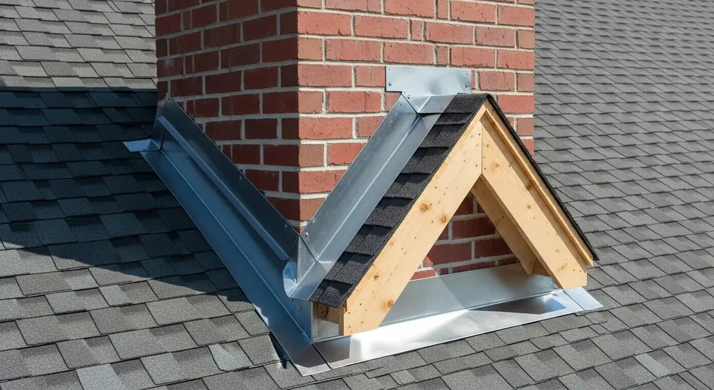 Properly installed roof cricket behind a wide chimney