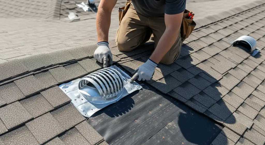 Roofer inspecting solar vent flashing