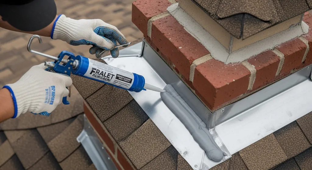 Roofer applying sealant to chimney flashing